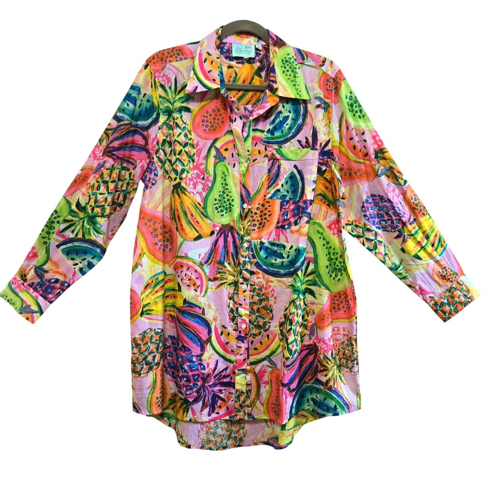 True Destinations Tropical Fruit Print Button Down Shirt Pink Multicolor Medium
